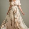 Flycurvy Plus Size Wedding Guest Light Apricot Chiffon Floral Print Wrap Flutter Sleeve Maxi Dress Elegance Unfolded