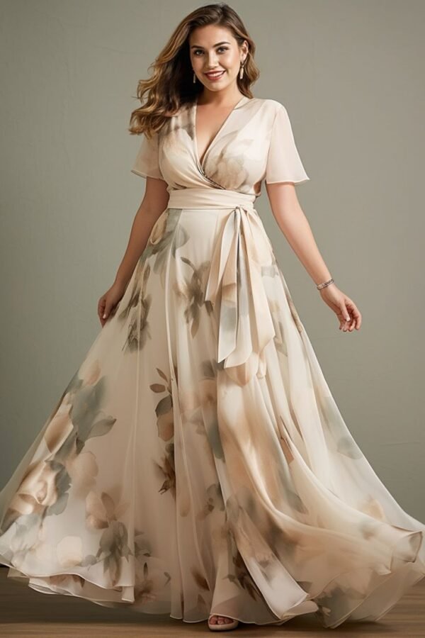 Flycurvy Plus Size Wedding Guest Light Apricot Chiffon Floral Print Wrap Flutter Sleeve Maxi Dress Elegance Unfolded